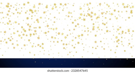 Magic stars vector overlay.  Gold stars scattered around randomly, falling down, floating.  Chaotic dreamy childish overlay template. Vector magic overlay  on dark blue background.