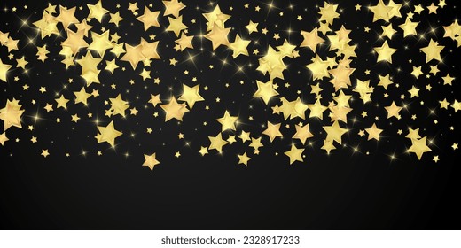 Magic stars vector overlay.  Gold stars scattered around randomly, falling down, floating.  Chaotic dreamy childish overlay template. Miraculous starry night vector  on black background.