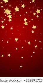 Magic stars vector overlay.  Gold stars scattered around randomly, falling down, floating.  Chaotic dreamy childish overlay template. Vector fairytale  on red background.