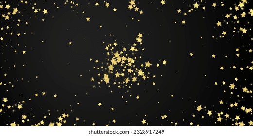 Magic stars vector overlay.  Gold stars scattered around randomly, falling down, floating.  Chaotic dreamy childish overlay template. Vector magic overlay  on black background.