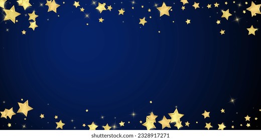 Magic stars vector overlay.  Gold stars scattered around randomly, falling down, floating.  Chaotic dreamy childish overlay template. Vector fairytale  on dark blue background.