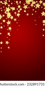Magic stars vector overlay.  Gold stars scattered around randomly, falling down, floating.  Chaotic dreamy childish overlay template. Enchanting vector with magic stars on red background.