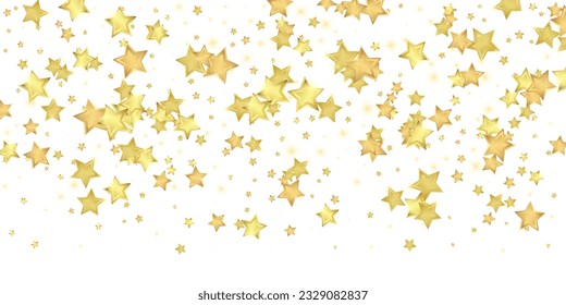 Magische Sterne, Vektorüberlagerung.  Goldsterne zerstreut nach dem Zufallsprinzip, fallend, schwebend.  Chaotische Träume kindliche Overlay-Vorlage. Vektormagie-Overlay auf weißem Hintergrund.