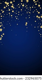 Superposición vectorial de las estrellas mágicas.  Estrellas de oro dispersas al azar, cayendo, flotando.  Una plantilla de superposición infantil de ensueño caótico. sobre fondo azul oscuro.