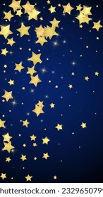 Magic stars vector overlay.  Gold stars scattered around randomly, falling down, floating.  Chaotic dreamy childish overlay template. on dark blue background.