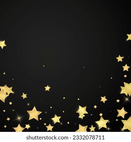 Magic stars vector overlay.  Gold stars scattered around randomly, falling down, floating.  Chaotic dreamy childish overlay template. Vector fairytale  on black background.
