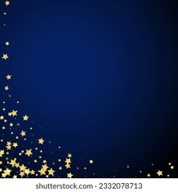 Magic stars vector overlay.  Gold stars scattered around randomly, falling down, floating.  Chaotic dreamy childish overlay template. on dark blue background.