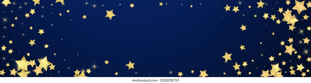 Magic stars vector overlay.  Gold stars scattered around randomly, falling down, floating.  Chaotic dreamy childish overlay template. Magical cartoon night sky on dark blue background.