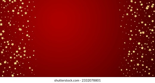 Superposición vectorial de las estrellas mágicas.  Estrellas de oro dispersas al azar, cayendo, flotando.  Una plantilla de superposición infantil de ensueño caótico. sobre fondo rojo.
