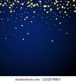 Superposición vectorial de las estrellas mágicas.  Estrellas de oro dispersas al azar, cayendo, flotando.  Una plantilla de superposición infantil de ensueño caótico. Superposición mágica vectorial sobre fondo azul oscuro.