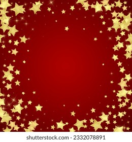 Superposición vectorial de las estrellas mágicas.  Estrellas de oro dispersas al azar, cayendo, flotando.  Una plantilla de superposición infantil de ensueño caótico. Cielo nocturno de caricatura mágica sobre fondo rojo.