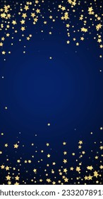 Magic stars vector overlay.  Gold stars scattered around randomly, falling down, floating.  Chaotic dreamy childish overlay template. Miraculous starry night vector  on dark blue background.