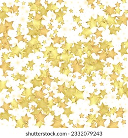 Magic stars vector overlay.  Gold stars scattered around randomly, falling down, floating.  Chaotic dreamy childish overlay template. Vector fairytale  on white background.