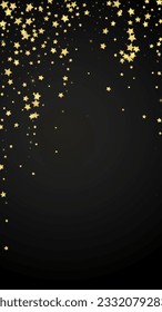 Magic stars vector overlay.  Gold stars scattered around randomly, falling down, floating.  Chaotic dreamy childish overlay template. Vector magic overlay  on black background.