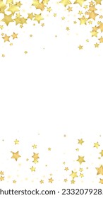 Superposición vectorial de las estrellas mágicas.  Estrellas de oro dispersas al azar, cayendo, flotando.  Una plantilla de superposición infantil de ensueño caótico. Un cuento de hadas vectorial sobre fondo blanco.