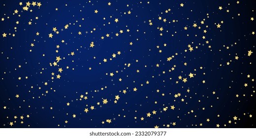 Magic stars vector overlay.  Gold stars scattered around randomly, falling down, floating.  Chaotic dreamy childish overlay template. Vector magic overlay  on dark blue background.