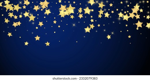 Superposición vectorial de las estrellas mágicas.  Estrellas de oro dispersas al azar, cayendo, flotando.  Una plantilla de superposición infantil de ensueño caótico. Un cuento de hadas vectorial sobre fondo azul oscuro.