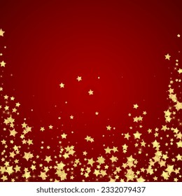 Superposición vectorial de las estrellas mágicas.  Estrellas de oro dispersas al azar, cayendo, flotando.  Una plantilla de superposición infantil de ensueño caótico. Cielo nocturno de caricatura mágica sobre fondo rojo.