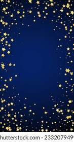 Magic stars vector overlay.  Gold stars scattered around randomly, falling down, floating.  Chaotic dreamy childish overlay template. on dark blue background.