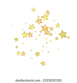 Superposición vectorial de las estrellas mágicas.  Estrellas de oro dispersas al azar, cayendo, flotando.  Una plantilla de superposición infantil de ensueño caótico. Encantador vector con estrellas mágicas sobre fondo blanco.