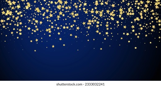Magic stars vector overlay.  Gold stars scattered around randomly, falling down, floating.  Chaotic dreamy childish overlay template. Miraculous starry night vector  on dark blue background.