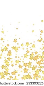 Magische Sterne, Vektorüberlagerung.  Goldsterne zerstreut nach dem Zufallsprinzip, fallend, schwebend.  Chaotische Träume kindliche Overlay-Vorlage. Wunderbare Sternennacht, Vektorgrafik auf weißem Hintergrund.