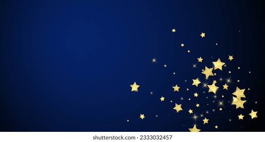 Magic stars vector overlay.  Gold stars scattered around randomly, falling down, floating.  Chaotic dreamy childish overlay template. Vector magic overlay  on dark blue background.