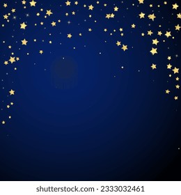 Magic stars vector overlay.  Gold stars scattered around randomly, falling down, floating.  Chaotic dreamy childish overlay template. Vector fairytale  on dark blue background.
