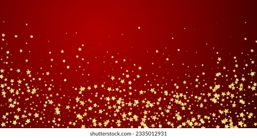 Magic stars vector overlay.  Gold stars scattered around randomly, falling down, floating.  Chaotic dreamy childish overlay template. Magical cartoon night sky on red background.