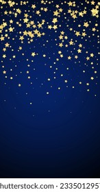 Magic stars vector overlay.  Gold stars scattered around randomly, falling down, floating.  Chaotic dreamy childish overlay template. Miraculous starry night vector  on dark blue background.