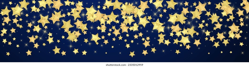 Magic stars vector overlay.  Gold stars scattered around randomly, falling down, floating.  Chaotic dreamy childish overlay template. Vector fairytale  on dark blue background.