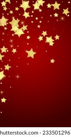 Magic stars vector overlay.  Gold stars scattered around randomly, falling down, floating.  Chaotic dreamy childish overlay template. Magical cartoon night sky on red background.