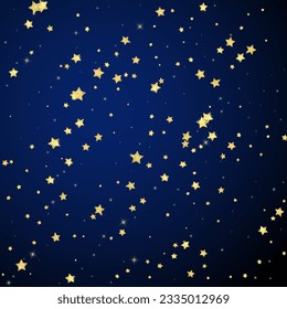 Magic stars vector overlay.  Gold stars scattered around randomly, falling down, floating.  Chaotic dreamy childish overlay template. Magical cartoon night sky on dark blue background.