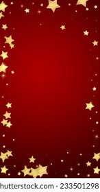 Magic stars vector overlay.  Gold stars scattered around randomly, falling down, floating.  Chaotic dreamy childish overlay template. Enchanting vector with magic stars on red background.