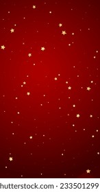 Superposición vectorial de las estrellas mágicas.  Estrellas de oro dispersas al azar, cayendo, flotando.  Una plantilla de superposición infantil de ensueño caótico. Un cuento de hadas vectorial sobre fondo rojo.