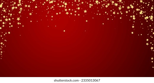 Magic stars vector overlay.  Gold stars scattered around randomly, falling down, floating.  Chaotic dreamy childish overlay template. Vector fairytale  on red background.