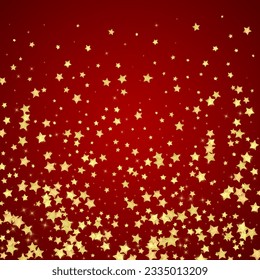 Magic stars vector overlay.  Gold stars scattered around randomly, falling down, floating.  Chaotic dreamy childish overlay template. on red background.