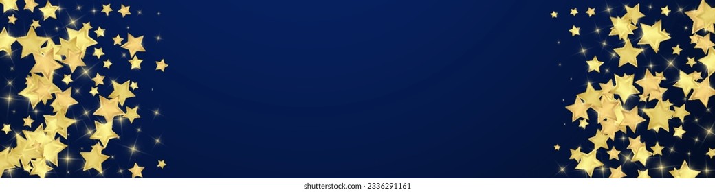 Magic stars vector overlay.  Gold stars scattered around randomly, falling down, floating.  Chaotic dreamy childish overlay template. Magical cartoon night sky on dark blue background.