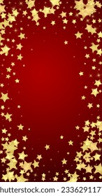 Magic stars vector overlay.  Gold stars scattered around randomly, falling down, floating.  Chaotic dreamy childish overlay template. Miraculous starry night vector  on red background.