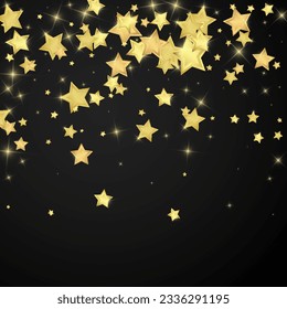 Magic stars vector overlay.  Gold stars scattered around randomly, falling down, floating.  Chaotic dreamy childish overlay template. Vector fairytale  on black background.