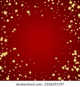 Magic stars vector overlay.  Gold stars scattered around randomly, falling down, floating.  Chaotic dreamy childish overlay template. Magical cartoon night sky on red background.