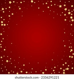 Superposición vectorial de las estrellas mágicas.  Estrellas de oro dispersas al azar, cayendo, flotando.  Una plantilla de superposición infantil de ensueño caótico. Un cuento de hadas vectorial sobre fondo rojo.