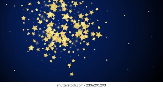 Magic stars vector overlay.  Gold stars scattered around randomly, falling down, floating.  Chaotic dreamy childish overlay template. Magical cartoon night sky on dark blue background.