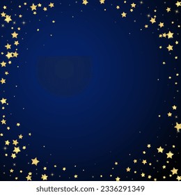 Magic stars vector overlay.  Gold stars scattered around randomly, falling down, floating.  Chaotic dreamy childish overlay template. Vector magic overlay  on dark blue background.