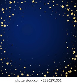 Magic stars vector overlay.  Gold stars scattered around randomly, falling down, floating.  Chaotic dreamy childish overlay template. Vector fairytale  on dark blue background.