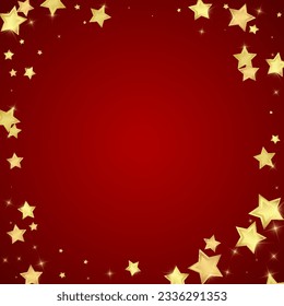 Magic stars vector overlay.  Gold stars scattered around randomly, falling down, floating.  Chaotic dreamy childish overlay template. on red background.