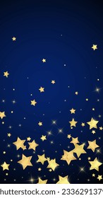 Superposición vectorial de las estrellas mágicas.  Estrellas de oro dispersas al azar, cayendo, flotando.  Una plantilla de superposición infantil de ensueño caótico. sobre fondo azul oscuro.