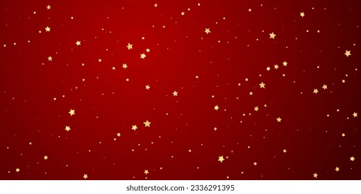 Magic stars vector overlay.  Gold stars scattered around randomly, falling down, floating.  Chaotic dreamy childish overlay template. Magical cartoon night sky on red background.
