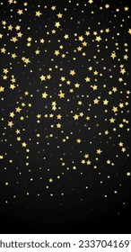 Magic stars vector overlay.  Gold stars scattered around randomly, falling down, floating.  Chaotic dreamy childish overlay template. Enchanting vector with magic stars on black background.