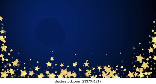 Magic stars vector overlay.  Gold stars scattered around randomly, falling down, floating.  Chaotic dreamy childish overlay template. Vector fairytale  on dark blue background.